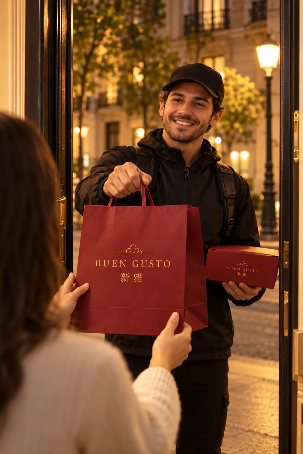 Repartidor entregando un pedido de Buen Gusto a domicilio